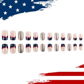 ASABITE 24Pcs Square Patriotic Press on Nails Independence Day Fake Nails French Tip False Nails with Star Stripes Design Glitter 4th of July Nails Short Artificial Nails Full Cover Stick on Nails for Women