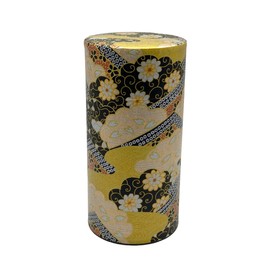 野口熊太郎茶園 Japanese Tea Canister Tin Golden KARAKUSA/Double Lid/Japanese Washi Paper Pasted /200g Tea Capacity/Loose Leaf Tea Storage/Storage Container with Lid