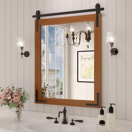 JIINGYO Farmhouse Mirror for Wall, 22x30 Inch Brown Wood Framed Rectangle Bathroom Vanity Mirror, Barn Door Style Mirrors Decor Mirror for Living Room Bedroom Entryway