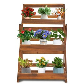 TREATLIFE HOME Maximize Space with 3-Tier Plant Stand, Foldable Compact Indoor/Outdoor Display Rack, Solid Acacia Wood