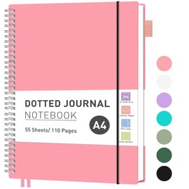 RETTACY Dotted Notebook, A4, Bullet Dot Journal, Lightweight, Pad, for Students, 110 Sheets/55 Pages, for Writing, 100 gsm, PVC, Spiral Binding, for Women, Men, Work, Office, 21.5 x 27.9 cm, Pink