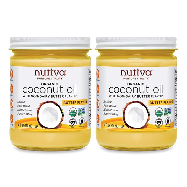 Nutiva Organic Coconut Oil with Non-Dairy Butter Flavor, 14 Ounce (Pack of 2) | USDA Organic, Non-GMO | Vegan & Gluten-Free | Plant-Based Superfood Replacement for Butter