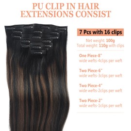 Clip in Hair Extensions, Seamless Clip in Hair Extensions Real Human Hair 16 Inch Ombre Natural Black Highlights Chestnut Brown Straight Thick Invisible PU Remy Hair Extensions Clip ins 110g 7pcs