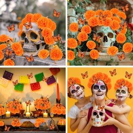 108Pcs Artificial Marigold Flower Heads with Stems, 2" Silk Cempasuchil Flowers + Butterfly for Día de Los Muertos Altar, Diwali Decor,Indian Wedding,DIY Wreath Garland,Day of The Dead Decorations