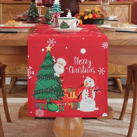 meioro Christmas Table Runner, Snowflake Santa Claus Polyester Table Runners, Red Xams Table Cover, Seasonal Fall Table Decoration for Home Party Dinner(White Snow, 13x48 Inch)