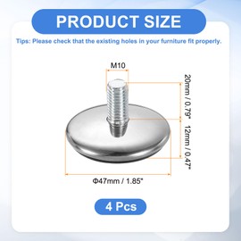 sourcing map 4Pcs M10 Thread Furniture Feet Levelers, 47x20mm Adjustable Leveling Table Feet, Screw on Furniture Glide Leveling for Chair Stool Legs, Black