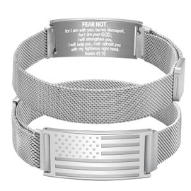 Alissl American Flag Cross Bracelets for Men, Engraved Religious Bible Verse Stainless Steel Bracelet Christian Jewelry Gifts (Isaiah 41:10D Silver), One size fits all, Isaiah 41:10D, no gemstone