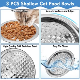 Apatal 3PCS Stainless Steel Cat Bowls, 13.3" Dia Shallow Cats Water Food Dish Replacement Whisker Fatigue Relief Plate Stackable Metal Pet Feeding Bowl Basic Bulk for Rabbit Large Dogs Cats