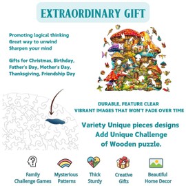 Jollitot Wooden Puzzles Adults, Mushroom Wooden Puzzles 260 Pieces, Unique Animal Shaped Wood Challenging Jigsaw Puzzles Gifts for Adults, 13.3x12.5in Christmas Decor