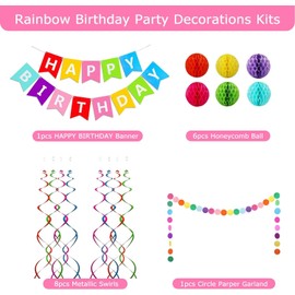Happy Birthday Banner, Rainbow Birthday Banner, 6 Honeycomb Balls, 8 Metallic Hanging Swirls and Circle Garland, Happy Birthday Decorations