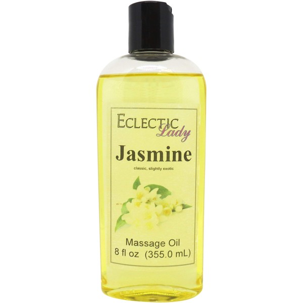 Jasmine Massage Oil, 8 oz, with Sweet Almond Oil and Jojoba Oil, Preservative Free, Perfect for Aromatherapy and Relaxation