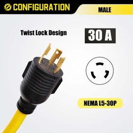 NEMA L5-30P to L14-30R Adapter Cord, 30 Amp 3 Prong to 4 Prong Twist Lock Generator Plug Adapter, Generator Transfer Switch Converter