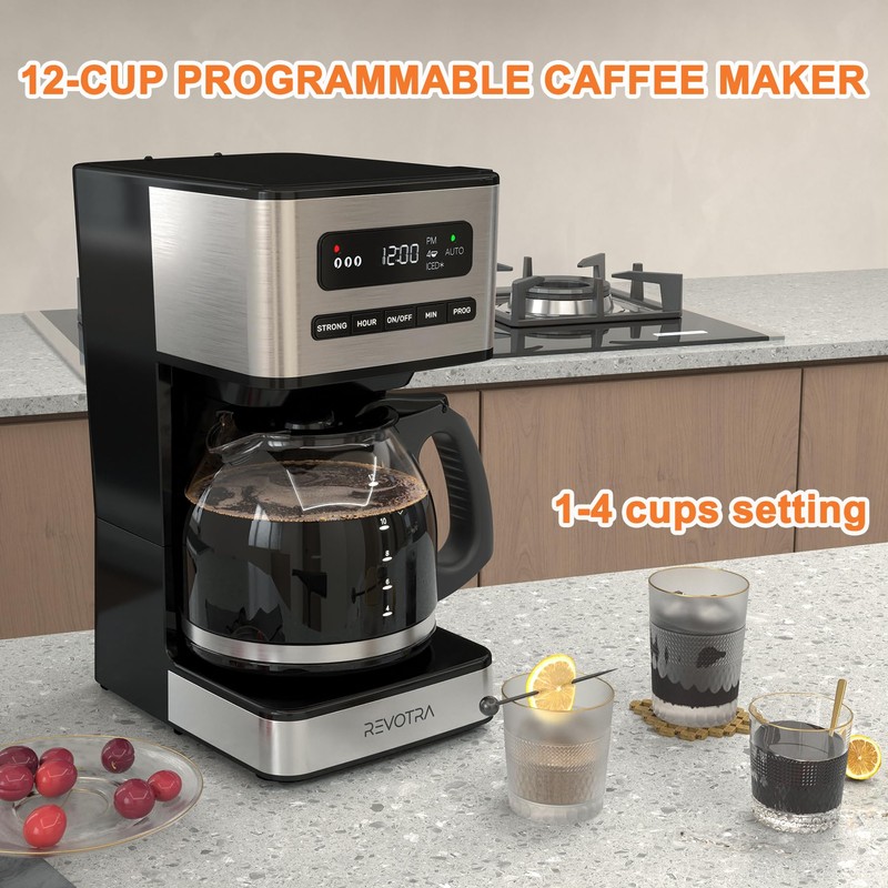 REVOTRA 12-Cup Programmable Coffee Maker, Regular & Strong Brew Drip