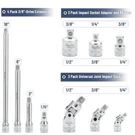 Bates- Socket Accessory Set, 10 pcs, Silver, 3/8" Extension Set, 1/4", 3/8" & 1/2" Drive Universal Joints & Socket Adapter Set, 3/8 Extension Set
