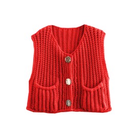 VATEAMI Women's Chunky Cropped Sweater Vest Sleeveless Button Down Trendy Cardigan Knit Crop Tops with Pockets (Red-L)