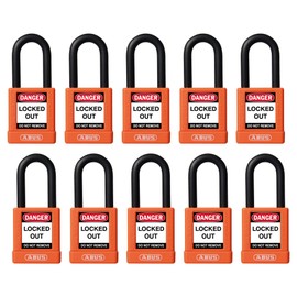 ABUS Orange Pack of 10 Lockout Tagout Premium Solid Body Safety Padlock Set - OSHA Compliant Loto Locks Insulated Against Electric Shock, Keyed Different, 1 Key Per Lock