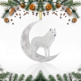 Christmas Decoration Tree Ornaments, Animals Sitting On The Moon Frosted Smooth Double-Printed Acrylic Hanging Pendant for Christmas Tree Home Decoration Gift for Family and Friends (Wolf)