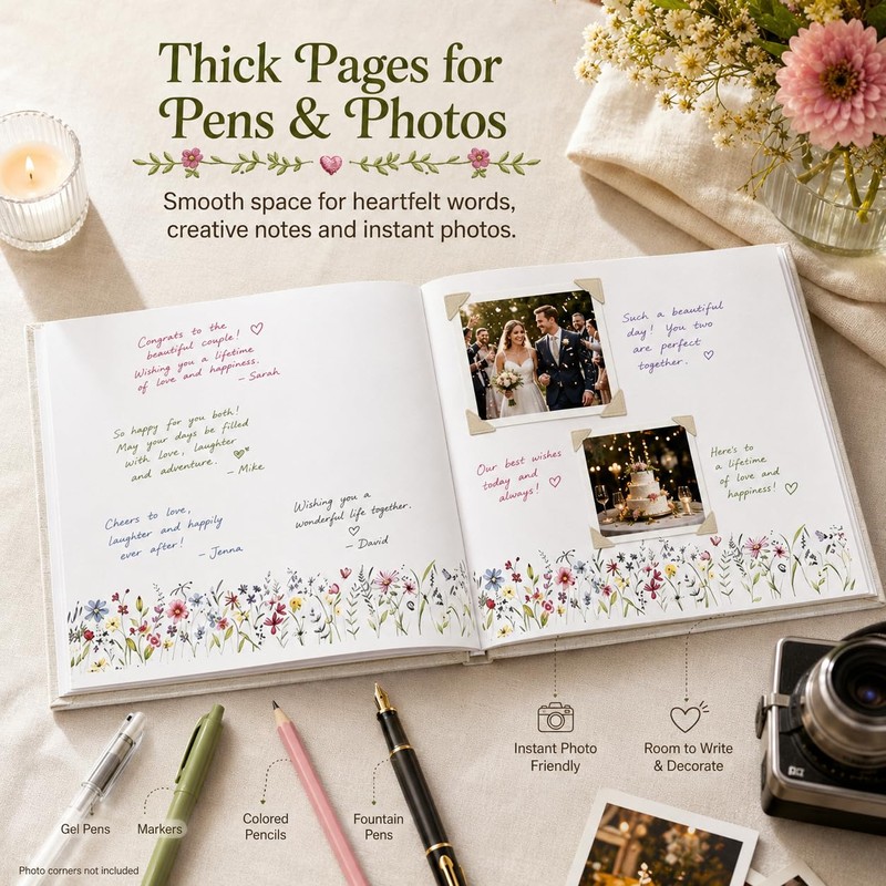 Embroidered Linen Wedding Guest Book, 160 Pages, Rustic Floral