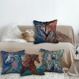 SiuSue Colorful Boho Western Southwestern Dream Horse Pillow Covers 20x20 Set of 4, Horse Lover Gifts, Mythical Spiritual Tribal Animal Decorative Pillow Covers for Home Bedroom Meditation Yoga Room