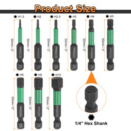 HARFINGTON 9pcs H1.5-H10 Flat Hex Screwdriver Bit Set 1.5mm-10mm Metric Tip 1/4" Hex Shank 50mm (2") Long Magnetic Hexagonal Screw Drill Bit Wrench Black Phosphate S2 Steel Driver Socket
