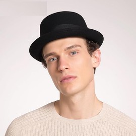 JowTreex Pork Pie Hat Bowler-Hats for Men Women - Pure-Wool Flat-Top Porkpie Hat Felt Fedora Church Hat with Band (S-M) Black