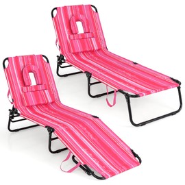Giantex 2 Pack Tanning Chair, 350lbs Adjustable Patio Lounge Chair w/Face Hole, Removable Pillows, Carry Strap, Layout Chair, Folding Beach Chair, Outdoor Chaise Lounge for Poolside Lawn, Stripe Pink