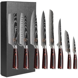 HouseWish 8 PC Chef Knives - High Carbon Stainless Steel Knives With Pakkawood Handles | Best Kitchen Knives & | Japanese Knives - Home & Professional Chef's Knives Set