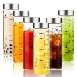 Glass Juice Bottles 16 Oz, Wide Mouth Reusable Clear Glass Water Bottles with Graduations 100% Leak Proof Stainless Steel Lids, BPA Free, Fits in Cup Holder Juice Containers Set of 6