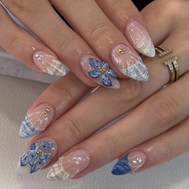 Jremg Blue Flower Press on Nails Medium Almond Fake Nails with Gold Bead Pearl Designs Blue Wave Beach False Nails Reusable Glossy French Tip Artificial Glue on Nails for Women 24Pcs