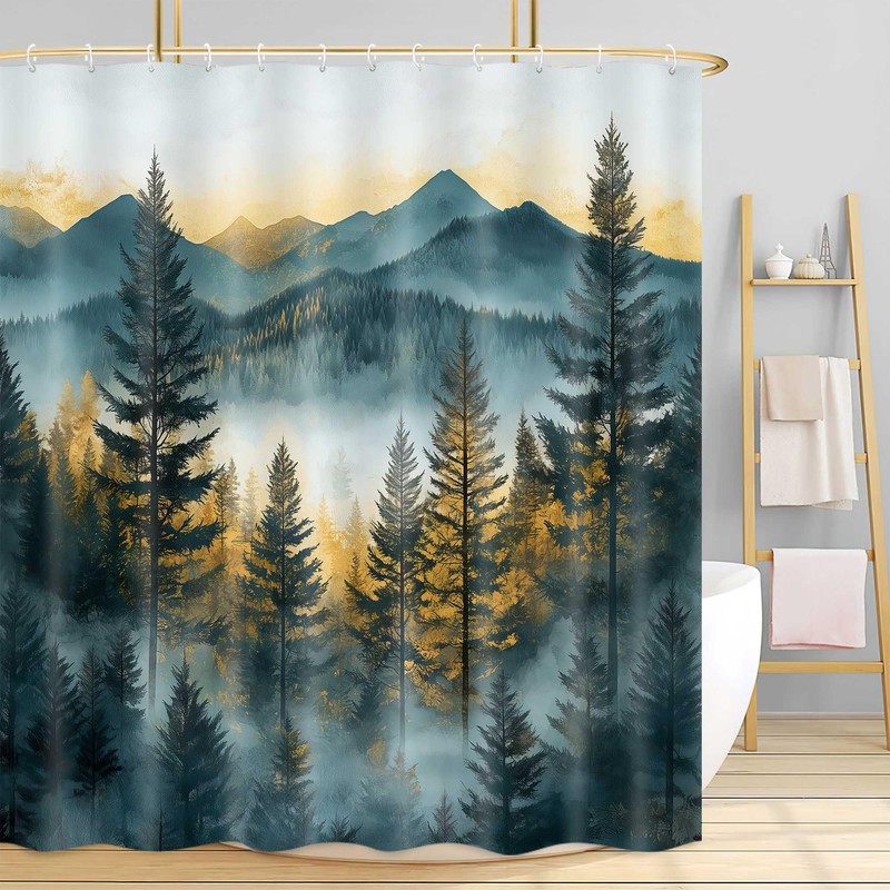 DYNH Misty Mountain Forest Shower Curtain,Sunset Sunrise Woodland Pine Tree