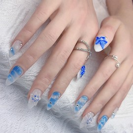 Flower Press on Nails Medium Almond Handmade Fake Nails with 3D Flower Rhinestones Glue on Nails Spring Summer False Nails Blue Floral Stick on Nail Gradient Blue Cute Artificial Acrylic Nail 10Pcs