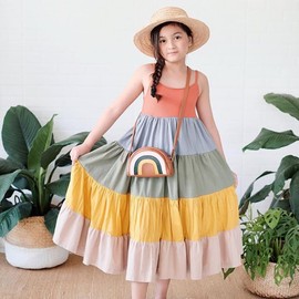 Toddler Baby Girl Rainbow Strap Dress One-Piece Sleeveless Ruffle Beach Tutu Sundress Outfits (Orange Yellow, 5-6 Years)