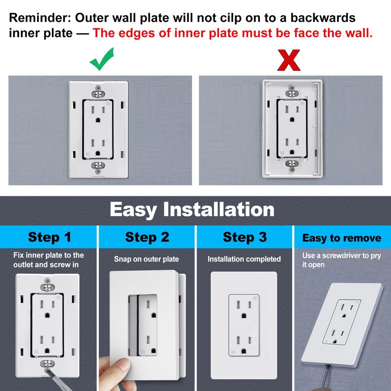 CML Matte White Decorator Screwless Wall Plate, 8 Pack 1-Gang