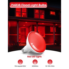 Red Flood Lights 【2 Pack】, Par38 15W(100W Equivalent) E26 LED Red Lights Bulb Outdoor Not-dimmable, Colored Light Bulb for Valentines Day Decor, Porch Home Lighting, Red Flood Light Bulbs Indoor