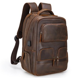 STAR VISTA 15.6" Raphael Vintage Full Grain Leather Laptop Backpack for Men, Multi Pockets, Casual Outdoor Business Travel Rucksack, YKK Zippers, Dark Brown