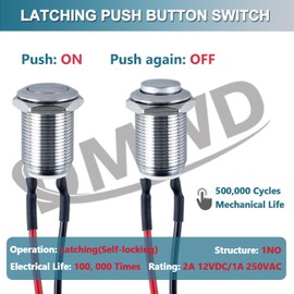DMWD 5pcs 12mm Latching Push Button Switch High Round Head ON-Off Normally Open with Pre-soldered Cable Stainless Steel 1NO 12V 24V 36V 110V 250V Waterproof IP66 Without LED(Silver)