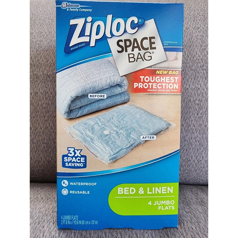 Ziploc Space Bag Bed & Linen 4 Jumbo Flats Waterproof/Reu