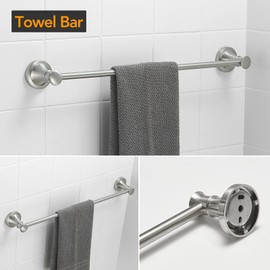 BESy Brushed Nickel 4 Piece Bathroom Accessories Set (Single Towel Bar, Towel Ring, Toilet Paper Holder, Double Towel Hooks), Wall Mounted Bath Hardware Accessory Fixtures Rack Set