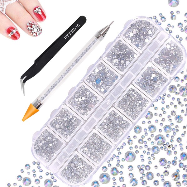 1500 Pcs Rhinestones,JUYOO 12 Style AB Nail Crystal 6 Size Flat Back Gem Round Nail Art Gem and Rhinestones with Pick Up Tweezer and Picking Pen for DIY Crafts Nail Facial Art Clothes Shoes Bags