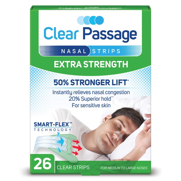 Clear Passage Nasal Strips Extra Strength, Clear, 26 ct | Works Instantly to Improve Sleep, Reduce Snoring, & Relieve Nasal Congestion Due to Colds & Allergies