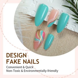 Almond Press on Nails Medium Fake Nails Blue Full Cover Glue on Nail with Colorful Line Designs False Nails Gold Curve Gloss Acrylic Stick on Nail Cute Artificial Nails for Women Girls 24Pcs