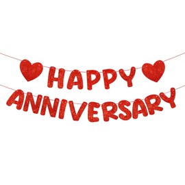 Fulmoon Happy Anniversary Banner Glitter Happy Anniversary Decorations Wedding Anniversary Party Banner Romantic Decorations No DIY Pre-strung for Wedding Party Birthday Door (Red)