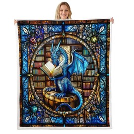 Western Dragon Kids Throw Blanket,Blue Dragon Reading Book Bookshelf Bed Blanket for Boys Girls,Geometric Patchwork Abstract Fleece Blanket,Trippy Chic Fuzzy Blanket,Twin Size (60 x 80 Inches)