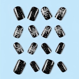 BFY Snowflake Press on Nails Medium Square Winter Christmas Fake Nails, Black Glitter Acrylic Nails Stick Glue on Nails, Shiny False Nails Kits Winter Xmas New Year Nail Accessories 24 Pcs