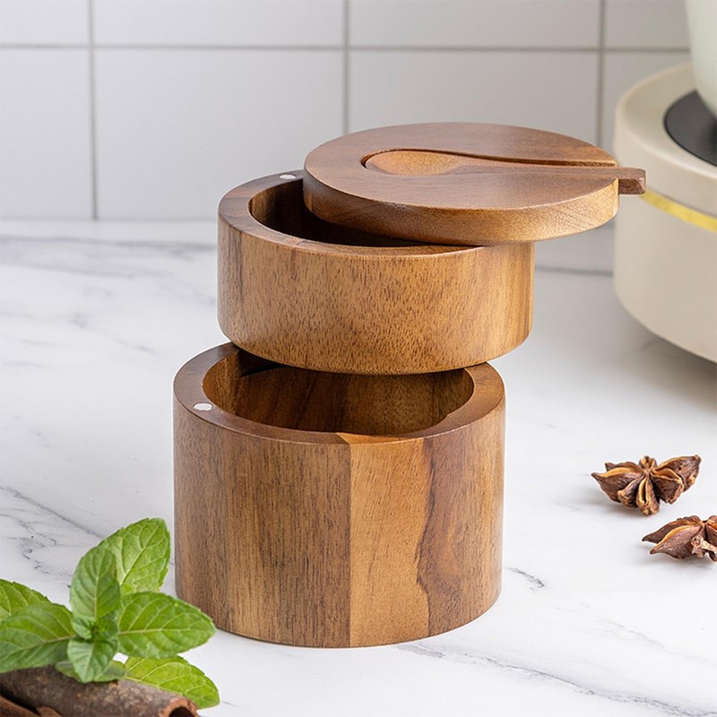 Salt Box Swivel Lid,Sea Salt Container Box Built-in Spoon -