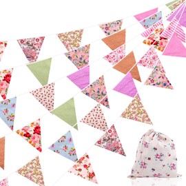 FUNVCE Large Fabric Bunting Banner, 39.5ft Floral Vintage Triangle Flag Garland Reusable Cotton 42pcs Floral Pennants Decoration for Garden Wedding Baby Shower Birthday Parties