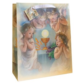 First Holy Communion Gift Bag | Large 15" Tall | Includes Tissue Paper and Gift Tag | Great Religious Gift Wrap for Catholic and Christian Occasions | Cherubs and Chalice Design
