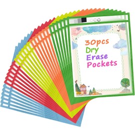 30 Packs Oversized Dry Erase Pocket Sleeves Reusable Ticket Holders, Clear Plastic Sheet Page Protectors, Heavy Duty Work Pockets Office Organization Supplies, 5 Colors