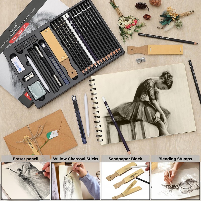 Brusarth Charcoal Pencils for Drawing, Set of 26, Professional Drawing
