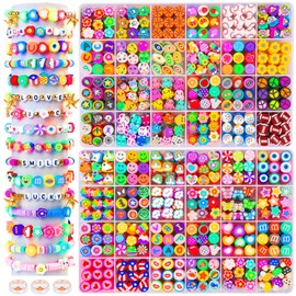 Natonhi 720 Pcs Polymer Clay Beads Bracelet Making Kit, Cute Fun Fruit Flower Heart Mushroom Letter Beads Charms for Jewelry Necklace Earring Making DIY Accessories for Women